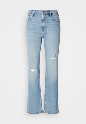 Helle blaue, ausgestellte Jeans mit hohem Bund, zwei Knie-Rissen, fünf Taschen und silberner Hardware am Knopf und Reißverschluss.