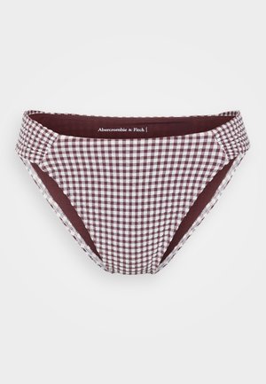 Bikini-bunn i burgunder og hvit sjakkmønster, med bred midjebånd og mykt stoff. Logo på undersiden.