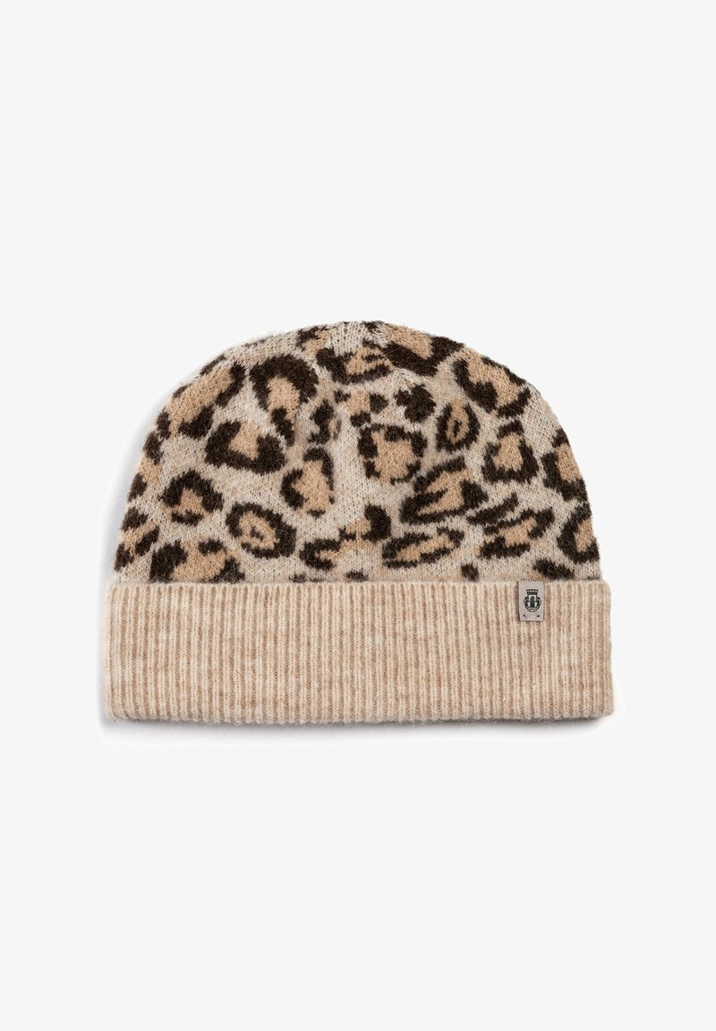 Knit leopard-print beanie in beige and brown, featuring a ribbed cuff and soft texture. Logo tag on the side adds a subtle accent.
