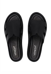 Black leather slide sandals featuring an open-toe design, cut-out details on the straps, and a padded insole for comfort.