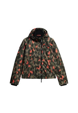 Veste camouflage présentant un motif éclaboussé vert olive et rouge, avec capuche, fermeture éclair et deux poches avant. Tissu texturé.