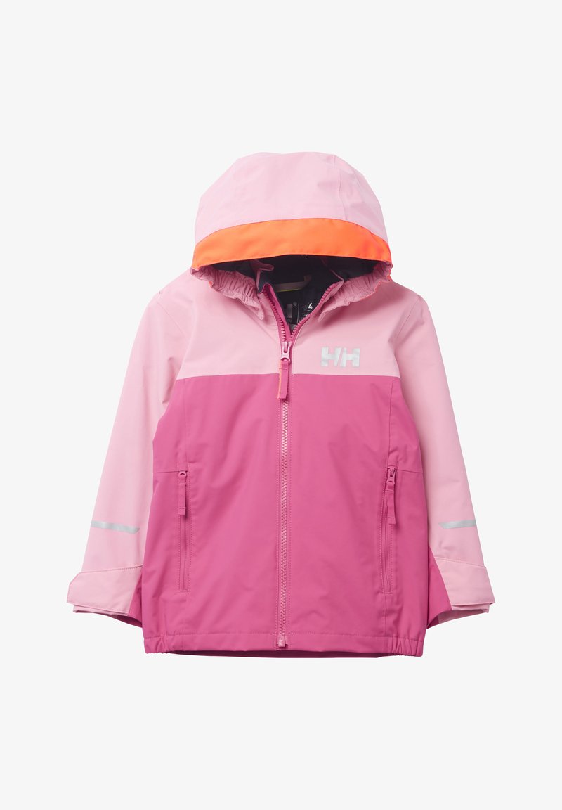 Chaqueta resistente al agua en rosa y rosa claro, con capucha con ribete naranja, cierre frontal de cremallera y detalles reflectantes en las mangas.