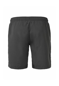 Zwarte zwemshorts met een elastische tailleband, twee achterzakken en een gladde, lichtgewicht stof. Eenvoudig ontwerp, geen patronen of accenten.