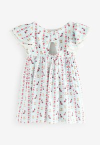 Robe à motifs floraux avec un fond bleu clair, manches volantées, dos en forme de trou de serrure et jupe froncée. Présente un design de chats et de fleurs.