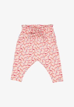 Pink cotton leggings with a smocked waistband, featuring a colorful, repeating pattern of caterpillars on a light background.
