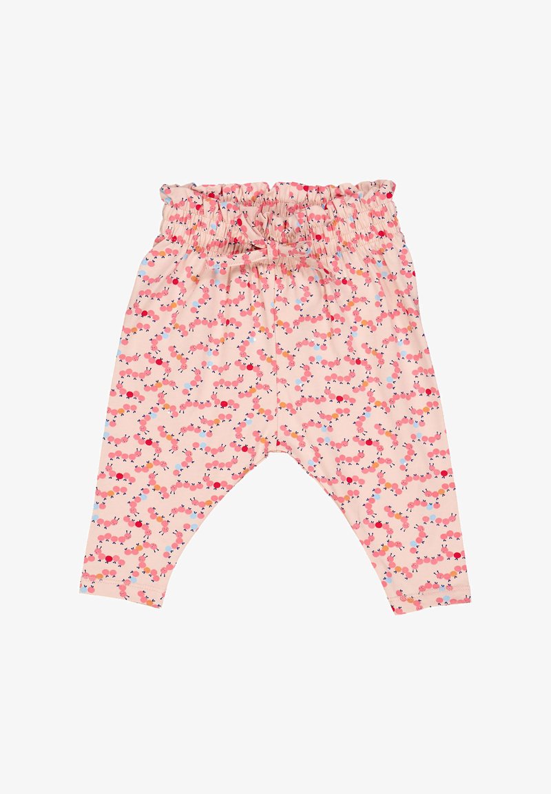 Lyserøde bomuldsleggings med en smocket talje, der har et farverigt, gentagende mønster af larver på en lys baggrund.