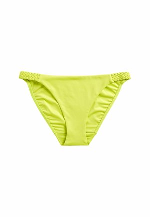Neon sárga bikini alsó, mely fonott részletekkel rendelkezik a csípőnél, puha tapintású, alacsony derekú kialakítással és mérsékelt takarással.