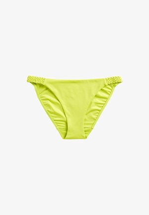 Neon sárga bikini alsó, mely fonott részletekkel rendelkezik a csípőnél, puha tapintású, alacsony derekú kialakítással és mérsékelt takarással.