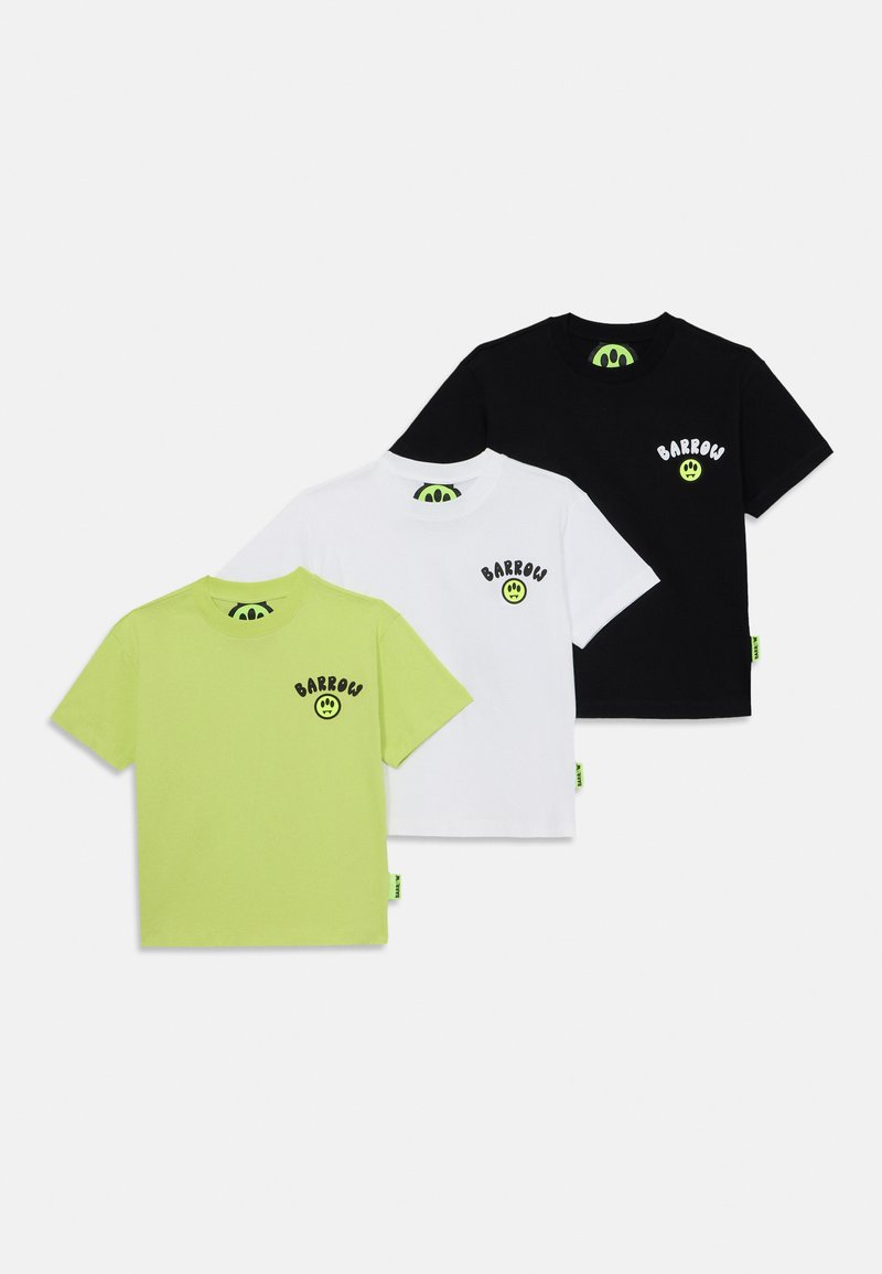 Set of three t-shirts: vibrant lime green, classic white, and solid black; all feature logo text and smiley face in contrasting colors.