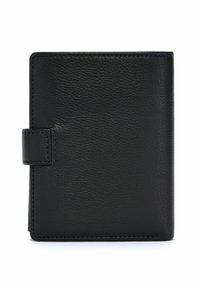 Czarny skórzany portfel o teksturowanym wykończeniu, w formie składanej (bi-fold) z boczną klapką do zamknięcia. Brak widocznych logo lub wzorów.