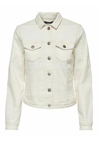 White denim jacket featuring a collared neck, front button closure, two chest pockets with flaps, and long sleeves.