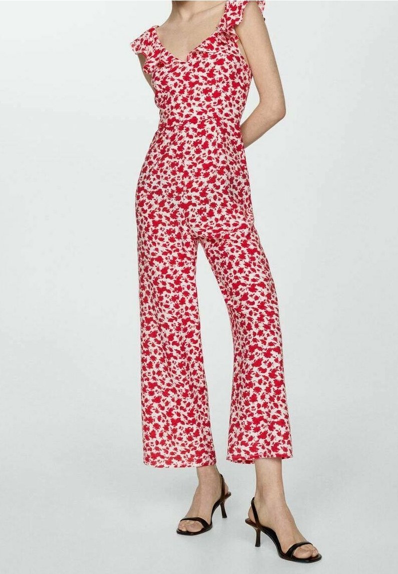 Rood en wit bloemen jumpsuit met een getailleerde bovenkant, gerimpelde schouderbanden en wijde broekspijpen. Lichtgewicht stof met een gladde textuur.