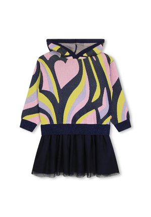 Robe à capuche pour enfant avec des motifs abstraits colorés en forme de cœur et de vague sur le haut et une jupe en tulle bleu marine foncé.
