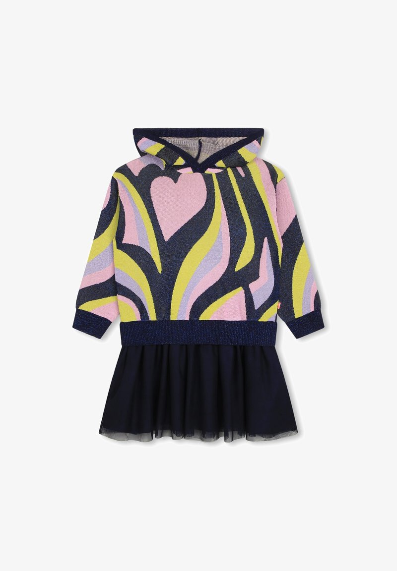 Robe à capuche pour enfant avec des motifs abstraits colorés en forme de cœur et de vague sur le haut et une jupe en tulle bleu marine foncé.
