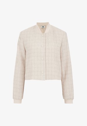 Veste courte en tissu beige clair texturé, avec un col rond, une fermeture à boutons, des poignets côtelés et une poche poitrine.