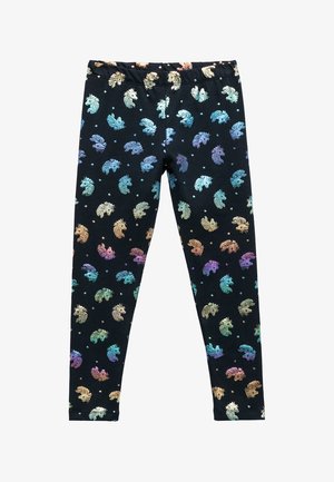 Czarne legginsy z kolorowym wzorem jednorożców i serc. Wykonane z miękkiego materiału z elastycznym pasem dla wygody.