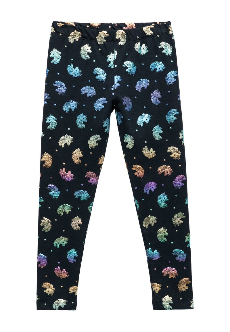 Zwarte leggings met een kleurrijk patroon van eenhoorns en harten. Gemaakt van zachte stof met een elastische tailleband voor extra comfort.