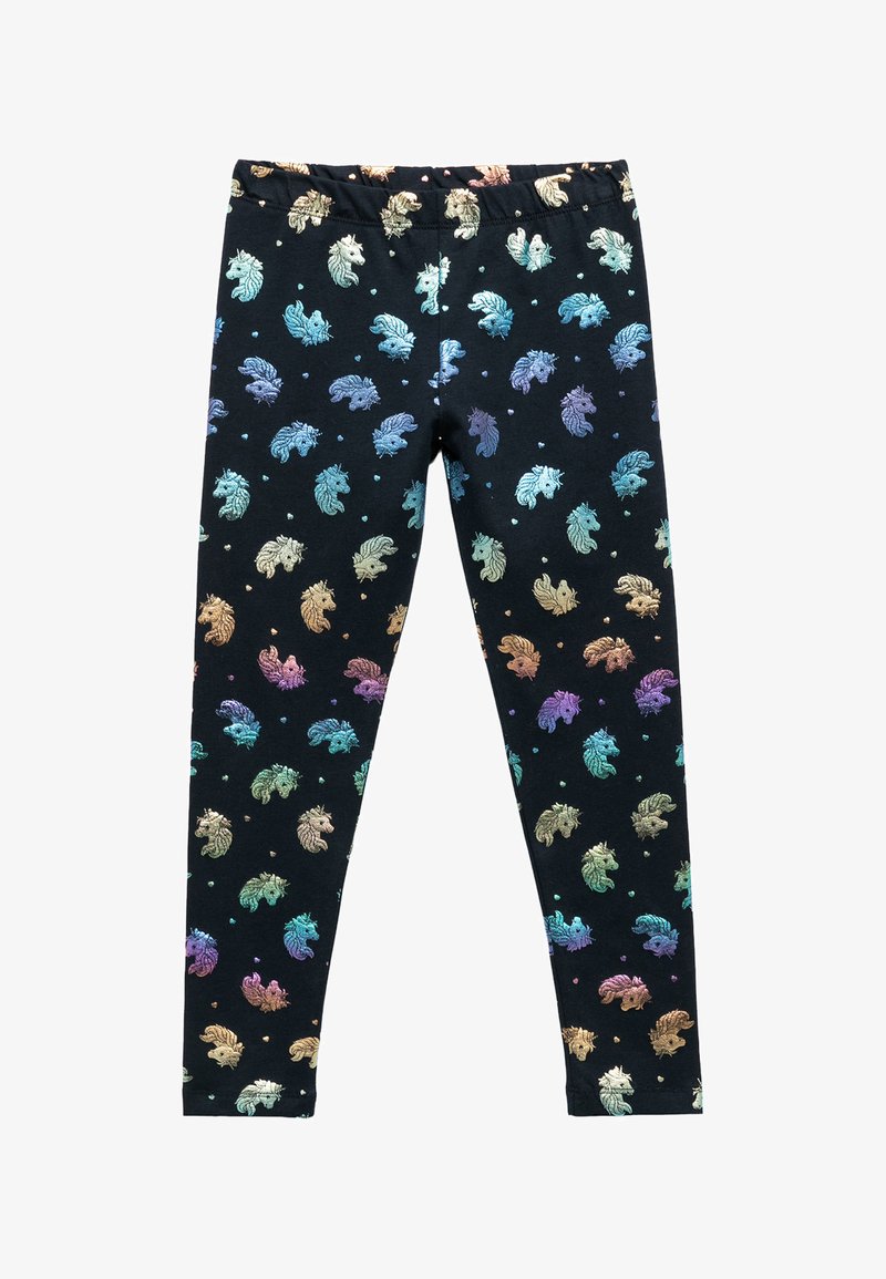 Zwarte leggings met een kleurrijk patroon van eenhoorns en harten. Gemaakt van zachte stof met een elastische tailleband voor extra comfort.