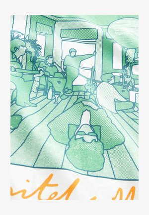 Zelená a bílá grafika zobrazující konturované postavy v místnosti s liniovou dřevěnou podlahou; zahrnuje rostliny a nábytek. Text na spodní části říká "sjednoceni."