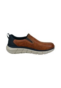 Braune Leder-Slipper mit navyblauen Akzenten und einer gepolsterten cremefarbenen Sohle. Verfügt über elastische Seitenpaneele und eine Rückenschlaufe für ein einfaches Anziehen.