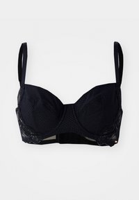 Sutiã preto com aro, tecido de rede e acabamento em renda. Possui alças ajustáveis e um fecho de gancho e olho nas costas.