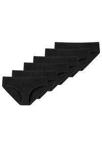 Sous-vêtements en coton noir dans un pack de cinq. Design taille basse avec une texture lisse et une ceinture élastique, sans motifs ni décorations visibles.
