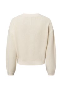 Cremfarbener Pullover mit cropped Design, gerippter Textur, überschnittenen Schultern und weit geschnittenen Ärmeln. Schlichte Rückseite mit minimalen Details.