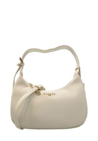 Borsa a mano bianca in ecopelle con forma curva, tracolla regolabile, hardware color oro e dettagli con zip. Presenta il logo del marchio impresso.
