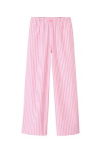 Pantalons rose clair avec des rayures verticales blanches et rose foncé, taille élastique, coupe large et texture de tissu lisse.