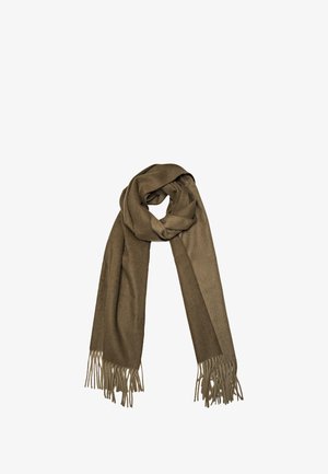 Brun tørklæde lavet af blødt stof, med lange frynser i begge ender og en glat overflade. Det er draperet i en løs sløjfe.