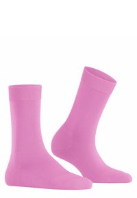 Calze di cotone rosa con polsini a costine, tessuto liscio, lunghezza media e punta e tallone rinforzati. Adatte per un abbigliamento casual.