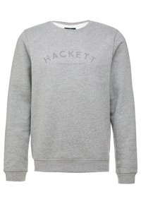 Sudadera gris de cuello redondo hecha de una mezcla de algodón, con el logotipo en texto "HACKETT LONDON, ENGLAND" en un tono contrastante en la parte frontal.