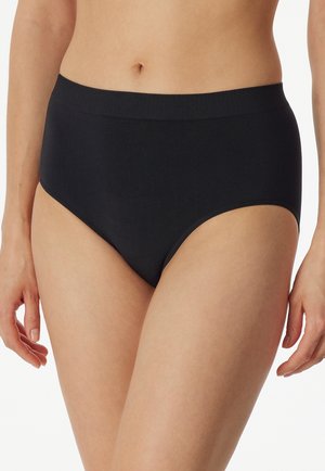 High-waisted black cotton briefs with a smooth, stretchy texture and a wide elastic waistband, providing coverage and comfort.
