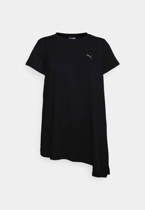 Czarna koszulka z krótkim rękawem i asymetrycznym dołem z małym logo Puma na lewej piersi.
