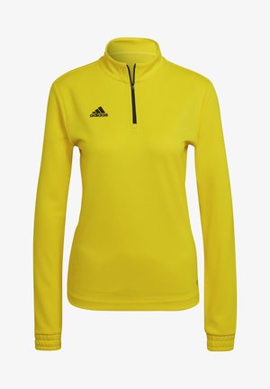 Gelbes sportliches Sweatshirt mit einem Viertel-Reißverschluss-Kragen, langen Ärmeln und schwarzem Adidas-Logo auf der oberen linken Brust. Glattes, strukturiertes Material.
