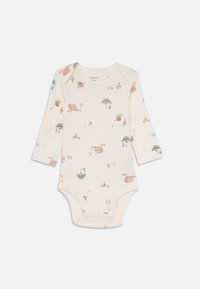 Long-sleeve onesie in cream fabric with a playful print of animals and structures in pastel colors. Features snap closure at the bottom.