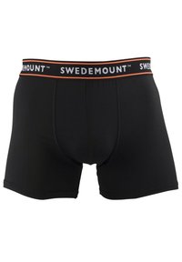 Boxer briefs neri con un design aderente, vita elastica con la scritta "SWEDEMOUNT" in bianco, accentata da una striscia arancione. Texture liscia.