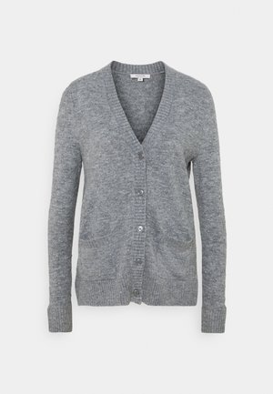 Cardigan en tricot gris à manches longues, col en V, fermeture boutonnée à l'avant, poignets et ourlet côtelés, avec deux poches avant.