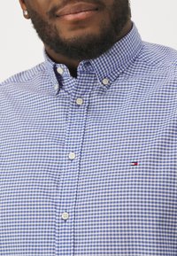 Close-up van een persoon in een blauw-wit geruit overhemd met een kleine rood, wit en blauw logo op de borst.
