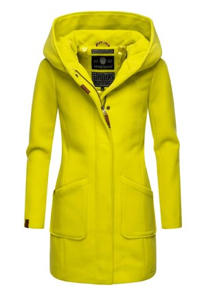 Yellow wool blend coat with a large hood, full zipper, two front pockets, and leather accents. Smooth texture, mid-length design.