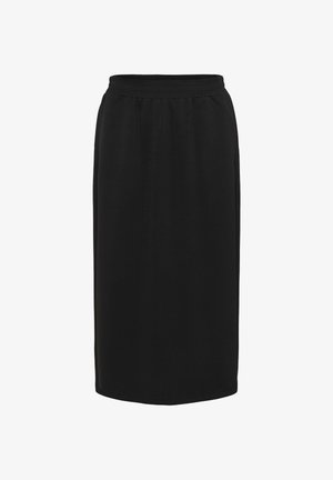 Fekete, térdig érő szoknya puha anyagból, rugalmas derékkal, egyenes szabással, látható minták vagy díszítések nélkül.