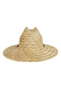 Bredbrättad halmhatt i en naturlig färg, med en strukturerad vävd design och en något upphöjd krona. Har mörka accentdetaljer.