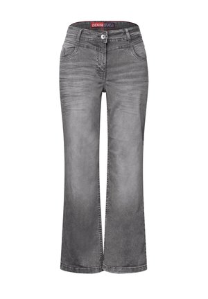 Jeans a zampa d'elefante in denim grigio con finitura sbiadita, cinque tasche e chiusura a bottone in vita. Tessuto morbido con accenti di cucitura visibili.
