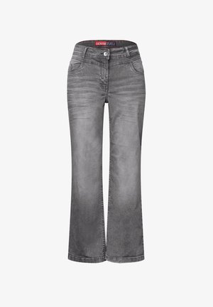 Grå denim flared jeans med en falmet finish, fem lommer og en knaplukning i taljen. Blød tekstur med synlige syninger.