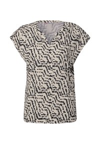 Blusa a maniche corte in tessuto beige con un motivo astratto nero. Presenta un collo a V e dettagli con bottoni lungo la parte anteriore.