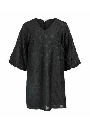 Czarna tunika o fakturze z dekoltem w serek i szerokimi rękawami do łokcia, z subtelnymi okrągłymi wzorami na całej tkaninie.