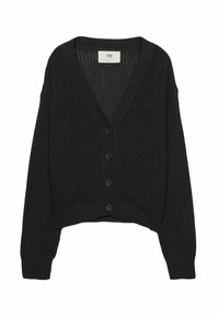 Černý pletený kardigan s výstřihem do V, zapínáním na knoflíky a žebrovanými manžetami. Má zkrácenou délku a texturovanou tkaninu.