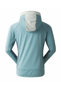 Eine leichte, blau-graue Jacke mit einer weißen Kapuze, die eine glatte Textur, lange Ärmel und Akzentverkleidungen an den Seiten hat.