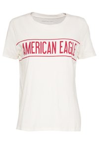 Weißes Baumwoll-T-Shirt mit kurzen Ärmeln, das ein auffälliges rotes "AMERICAN EAGLE"-Logo auf der Brust und einen Rundhalsausschnitt bietet.