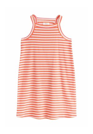 Ärmelloses Kinderkleid mit rosa und orangefarbenen horizontalen Streifen, quadratischem Ausschnitt und doppelten Schulterträgern.